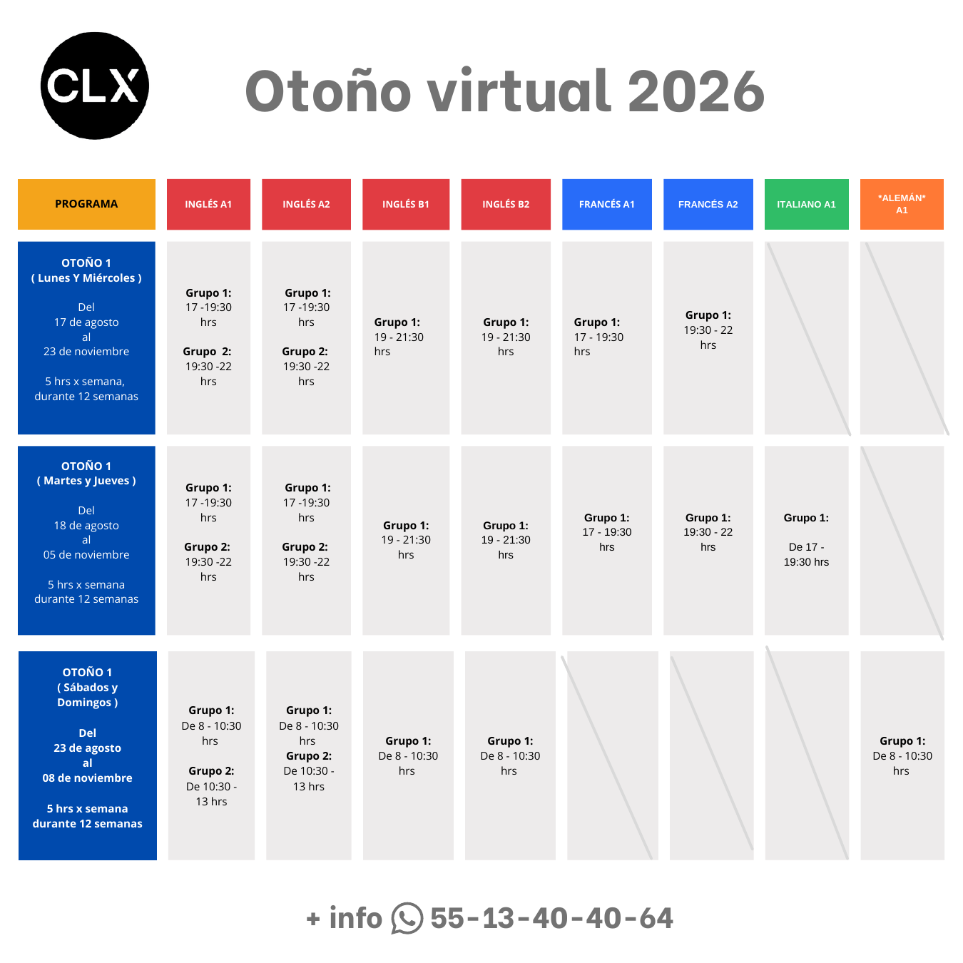 Tabla de horarios del programa Otoño 1 2026 para alemán y otros idiomas